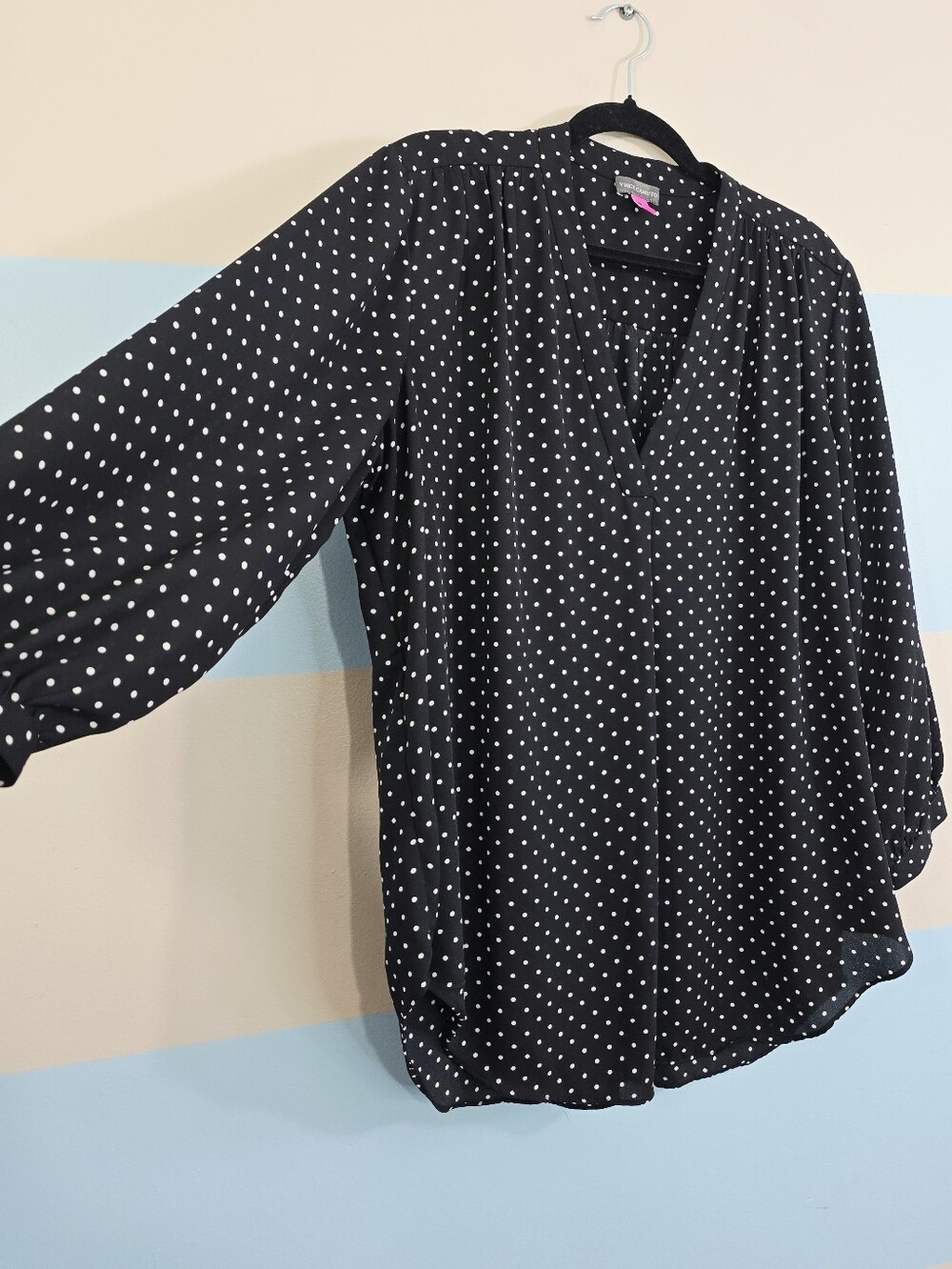 Vince Camuto Plus Size Black and White Polka Dot V-Neck Blouse - Picture 3 of 6